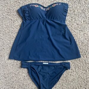 Jessica Simpson Blue Strapless Swimsuit with Embroidered Detail